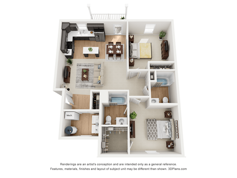 A 3D floor plan of a small apartment with a kitchen, living room, and bathroom.